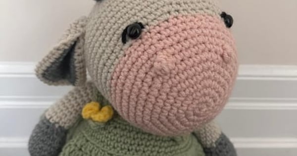 Handmade Crochet Cow Plush Toy with Green Dress