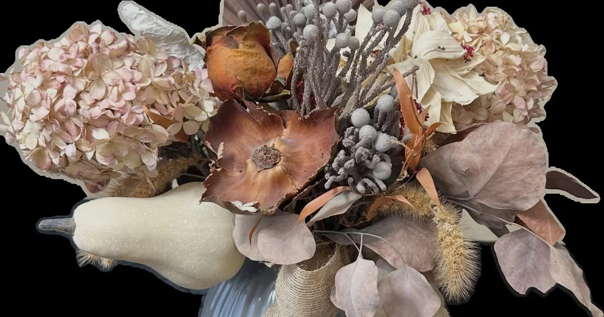 Dried Floral Arrangement in Blue Ribbed Vase