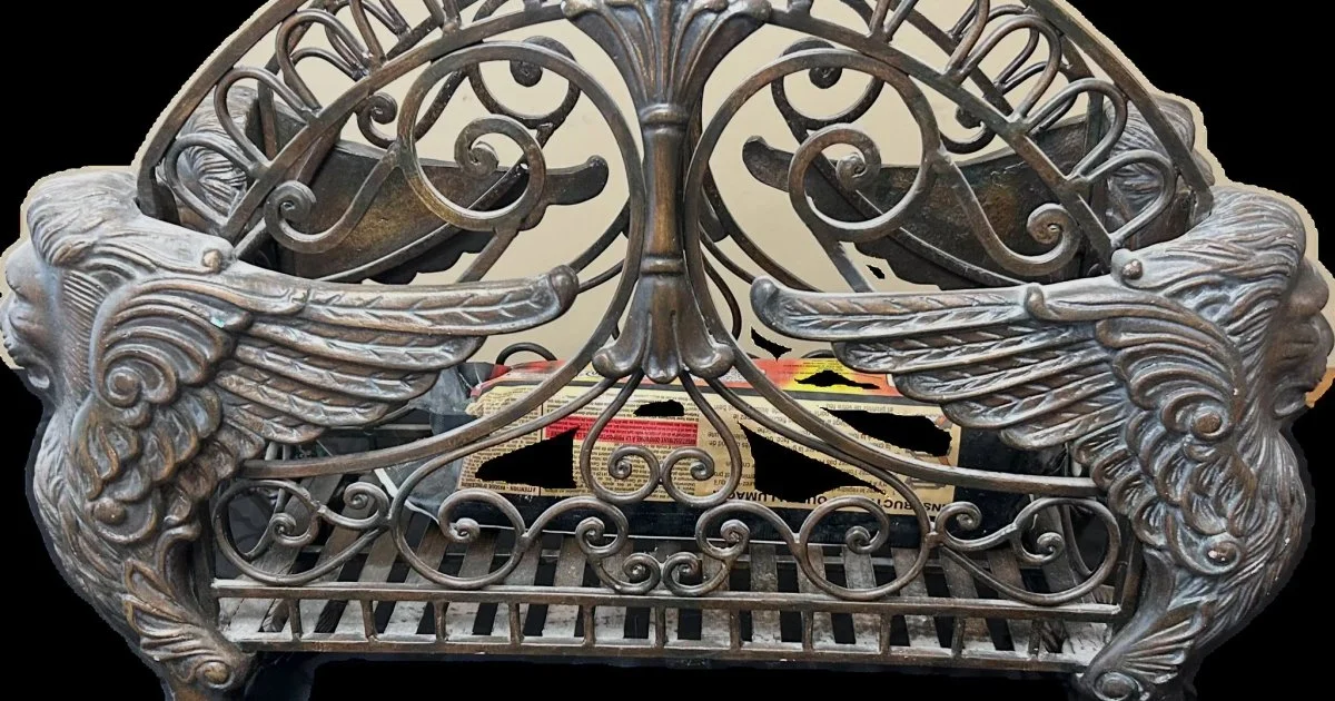 Ornate Cast Iron Fireplace Log Grate w/ Lions