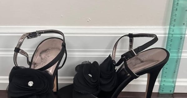 Le Chateau Black Satin Floral High Heel Sandals