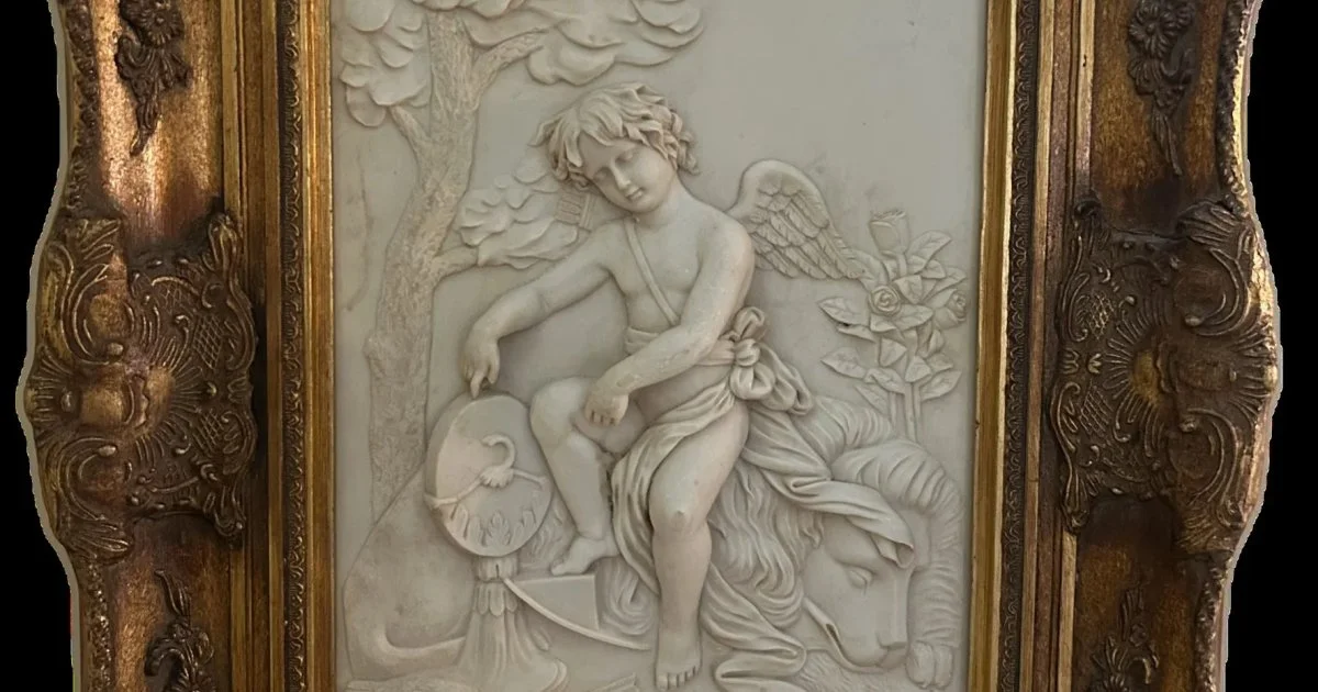 Cherub & Lion Bas Relief Plaque in Gilt Frame