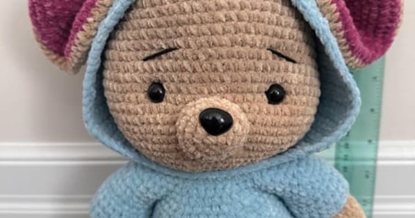 Handmade Crochet Roo Plush Toy with Blue Hoodie