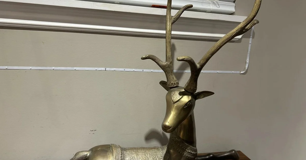 Large Vintage Brass Sitting Deer Stag Statue Decor