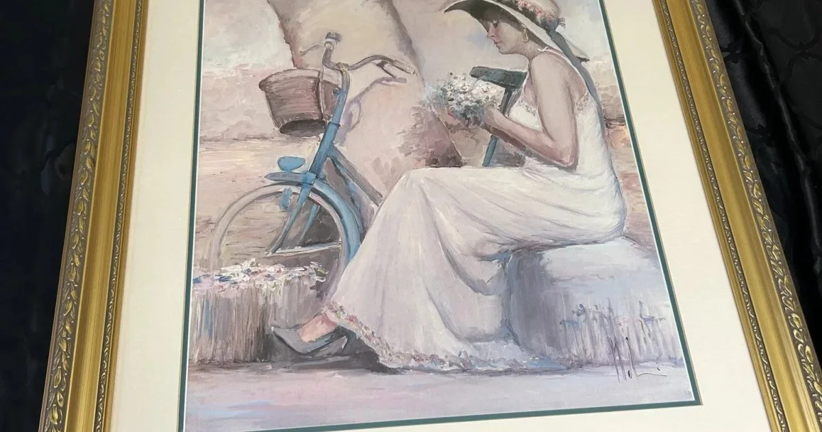 Framed Art Print Woman with Bicycle Gold Frame